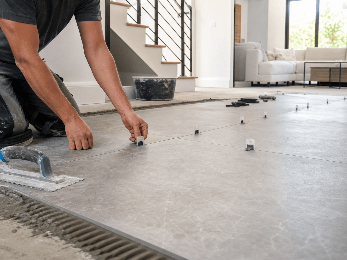 Large-format tile flooring installation